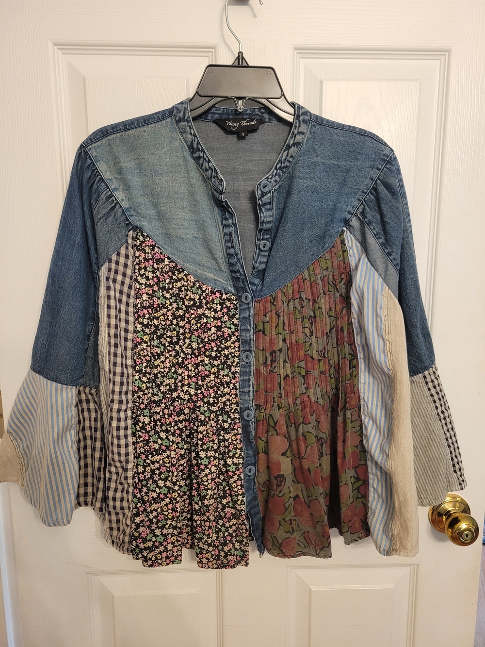 Patchwork Denim Button-Front Shirt in Blue and Multicolor